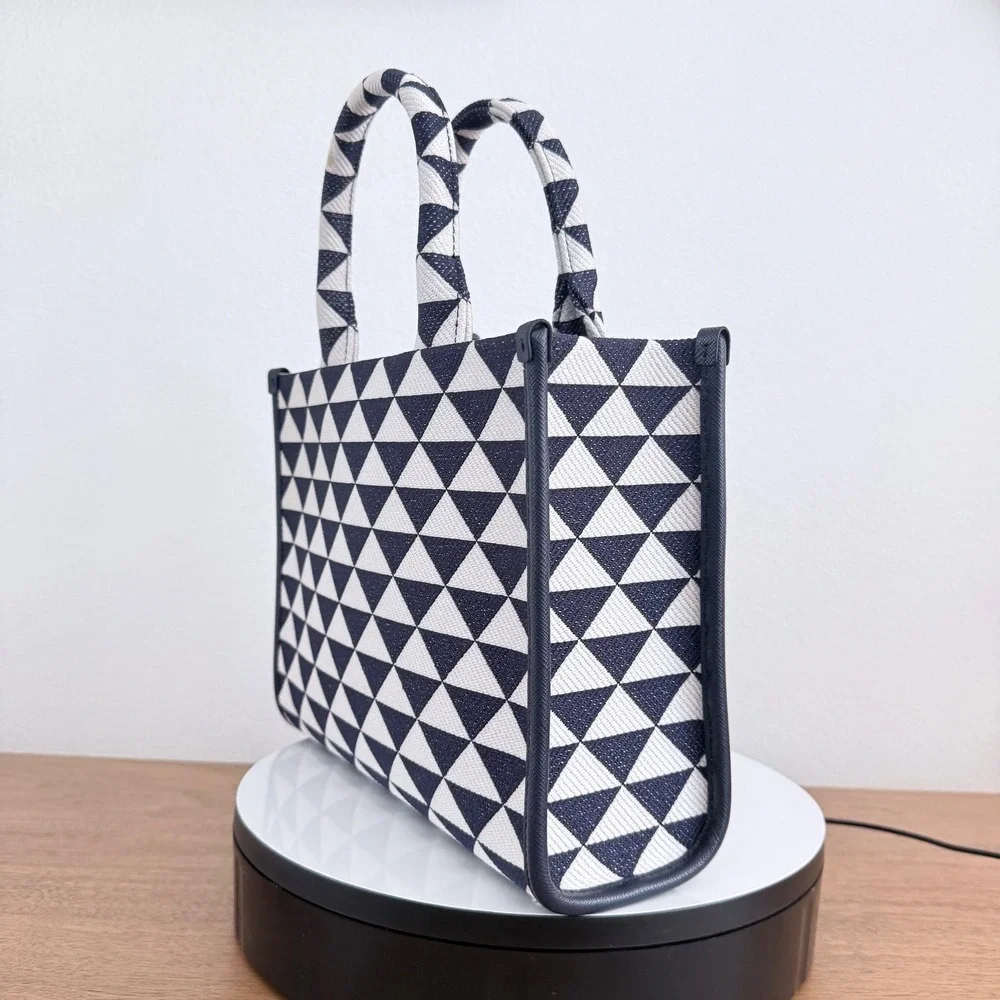 Prada Milano 1BA354 Symbole Jacquard Tote Blue White Triangle Pattern Bag Italy
